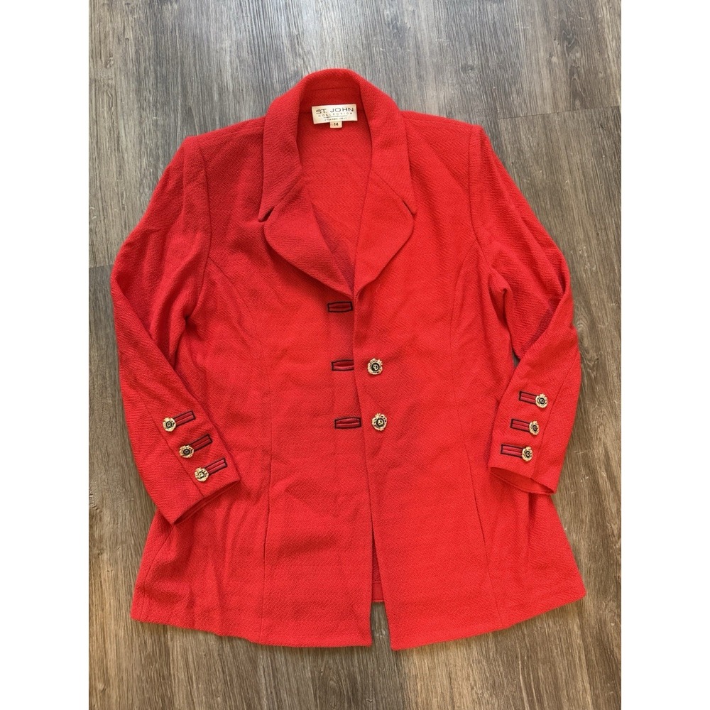 Vintage St. John Red Long Sleeve Jacket Blazer Size 14 Gold Black Buttons